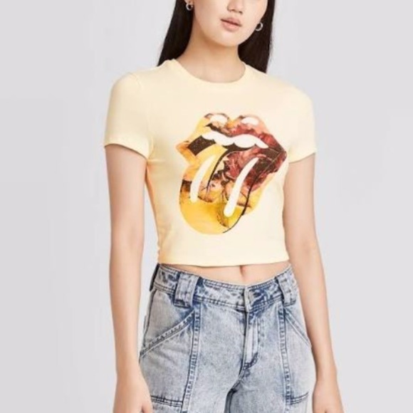 Rolling STONES NWT Cropped Logo Short Sleeve Band Tee Size Medium in Cream - Picture 12 of 12